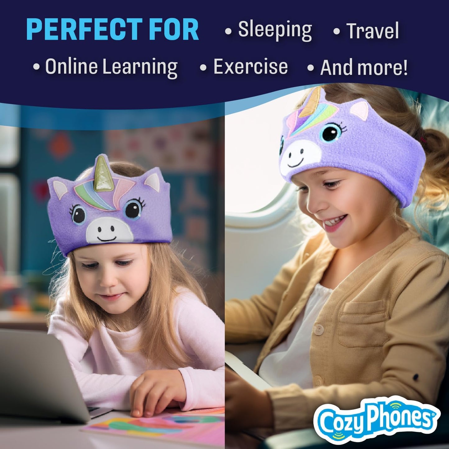 CozyPhones Over The Ear Headband Headphones - Kids Headphones Volume Limited with Thin Speakers & Super Soft Stretchy Headband - Mystic Unicorn