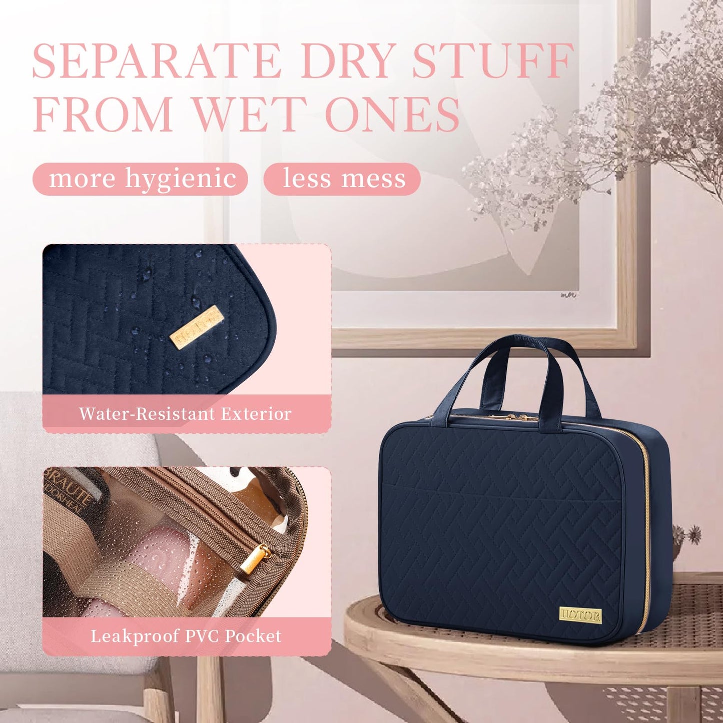 Travel Toiletry Bag with Hanging Hook (Navy Blue)