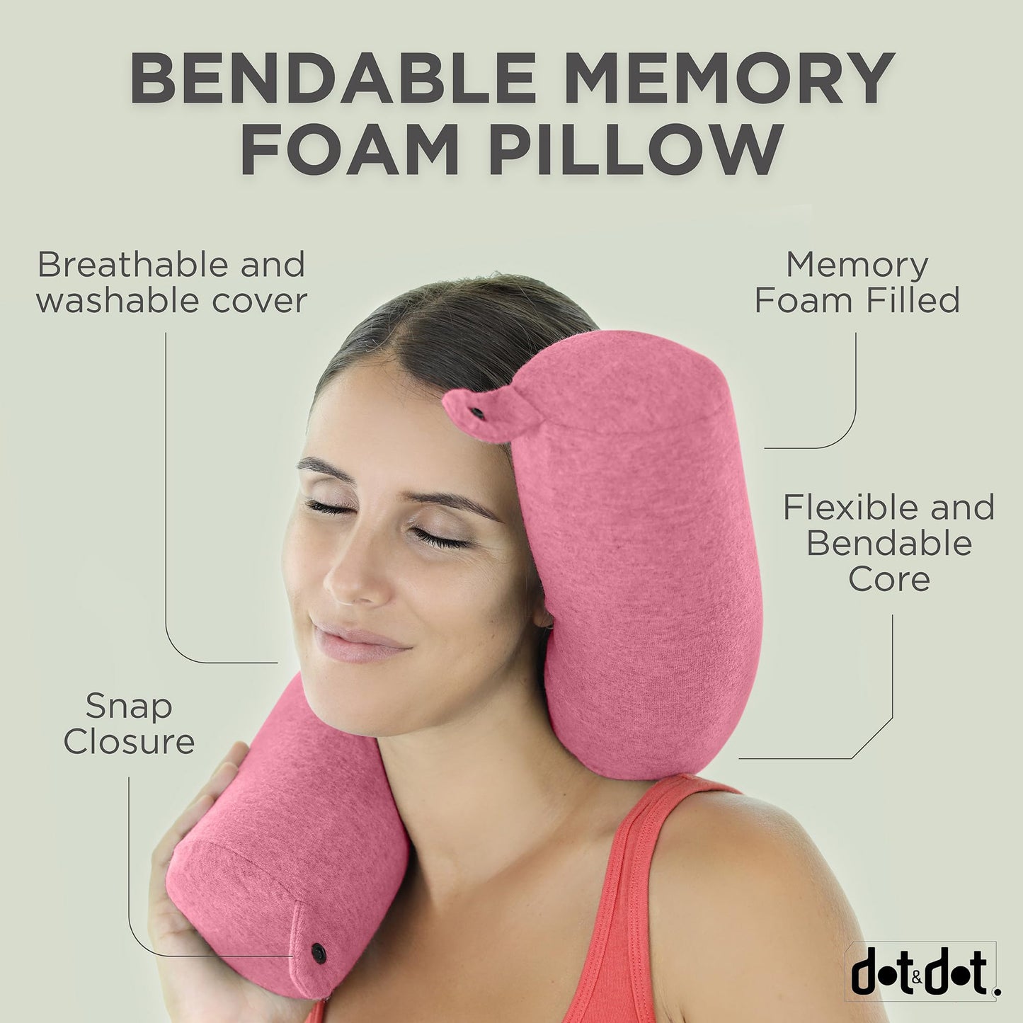 Dot&Dot Twist Memory Foam Travel Pillow for Airplanes - Travel Neck Pillow for Sleeping - Airplane Pillow for Neck Support, Chin, Lumbar and Leg - Adjustable, Bendable Neck Roll Pillow (Blush)