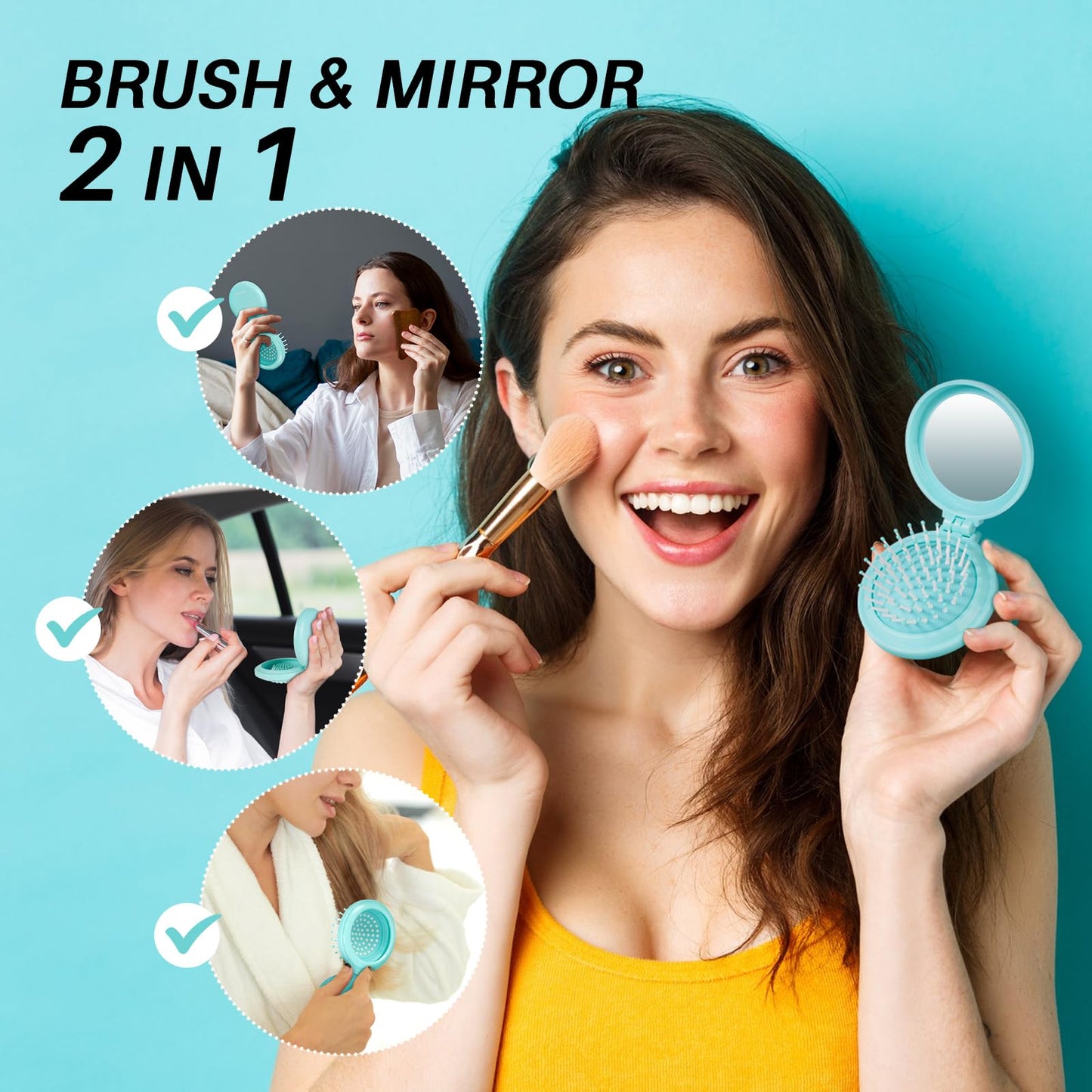 Round Folding Hairbrush with Mirror (Aqua Blue)