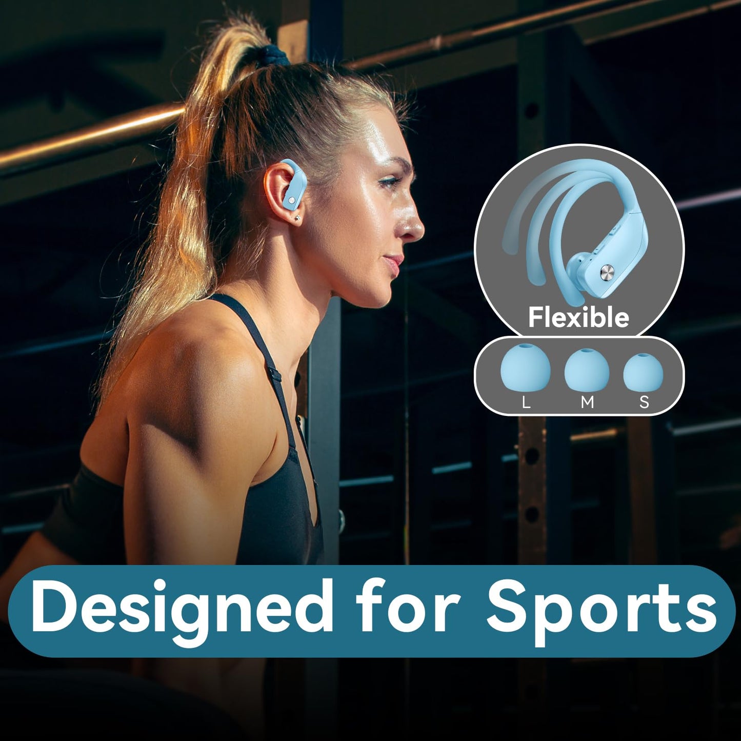 bmani Wireless Earbuds Bluetooth Headphones 48hrs Play Back Sport Earphones with LED Display Over-Ear Buds with Earhooks Built-in Mic Headset for Workout Sky Blue