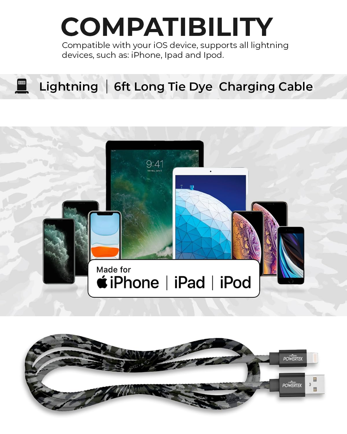 LIQUIPEL Powertek iPad & iPhone Lightning Charger Cable, Fast Charging 6ft MFI, Tie Dye Black (Black)