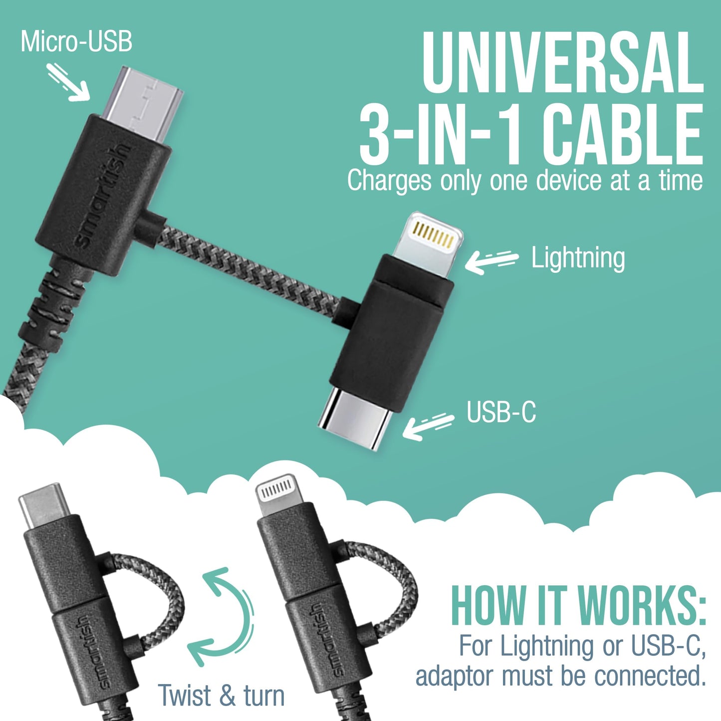 Smartish USB-C/Lightning Cable for iPhone 16/15/14 - Crown Joule - 6Foot Universal Fast Fabric Wrapped Charging Cable w/Micro-USB - Apple MFi Certified for iPhone 13/12/SE/iPad/AirPods/Android - Black