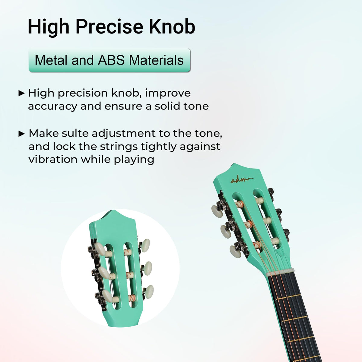 ADM Beginner Acoustic Classical Guitar 38 Inch Nylon Strings Wooden Guitar Bundle Kit for Kid Boy Girl Student Youth Guitarra Online Lessons with Gig Bag, Strap, Tuner, Strings, Cyan Green