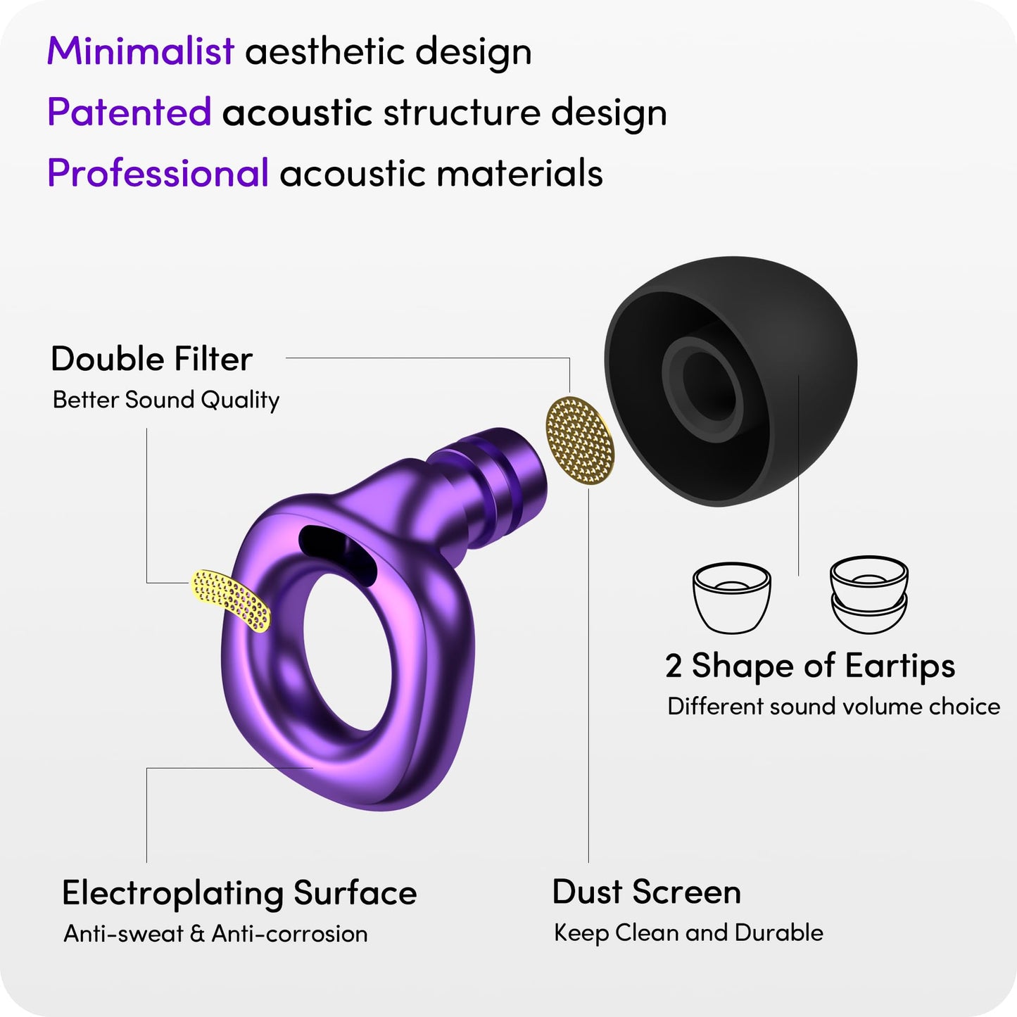 Audree Style Ear Plugs for Noise Reduction, Reusable High Fidelity Earplugs for Concerts, Musicians, Motorcycles, Study, Parent, Party, Flights & Noise Sensitivity, 18-29dB Noise Cancelling (Violet)