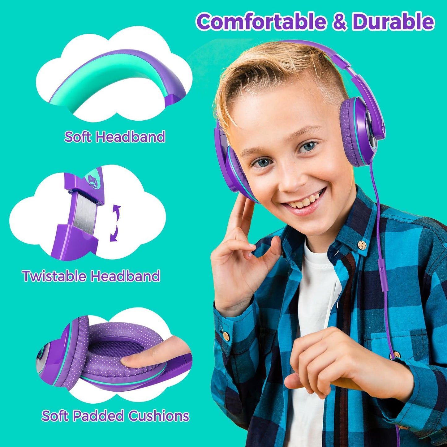 rockpapa Comfort+ Kids Headphones with Microphone, Boys Girls Student Over-Ear Headphones Wired Foldable for School Classroom Laptop PC Computer Tablet Purple Green