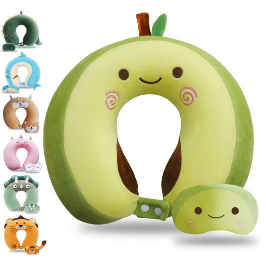 Cute Travel Pillow with Sleep Eye Mask Cartoon Headrest & Neck Pillow for Kids Boys & Girls, Teens, Travel Accessories for Airplane, Car, Recline, Home Use Memory Foam Flight - Green Avocado