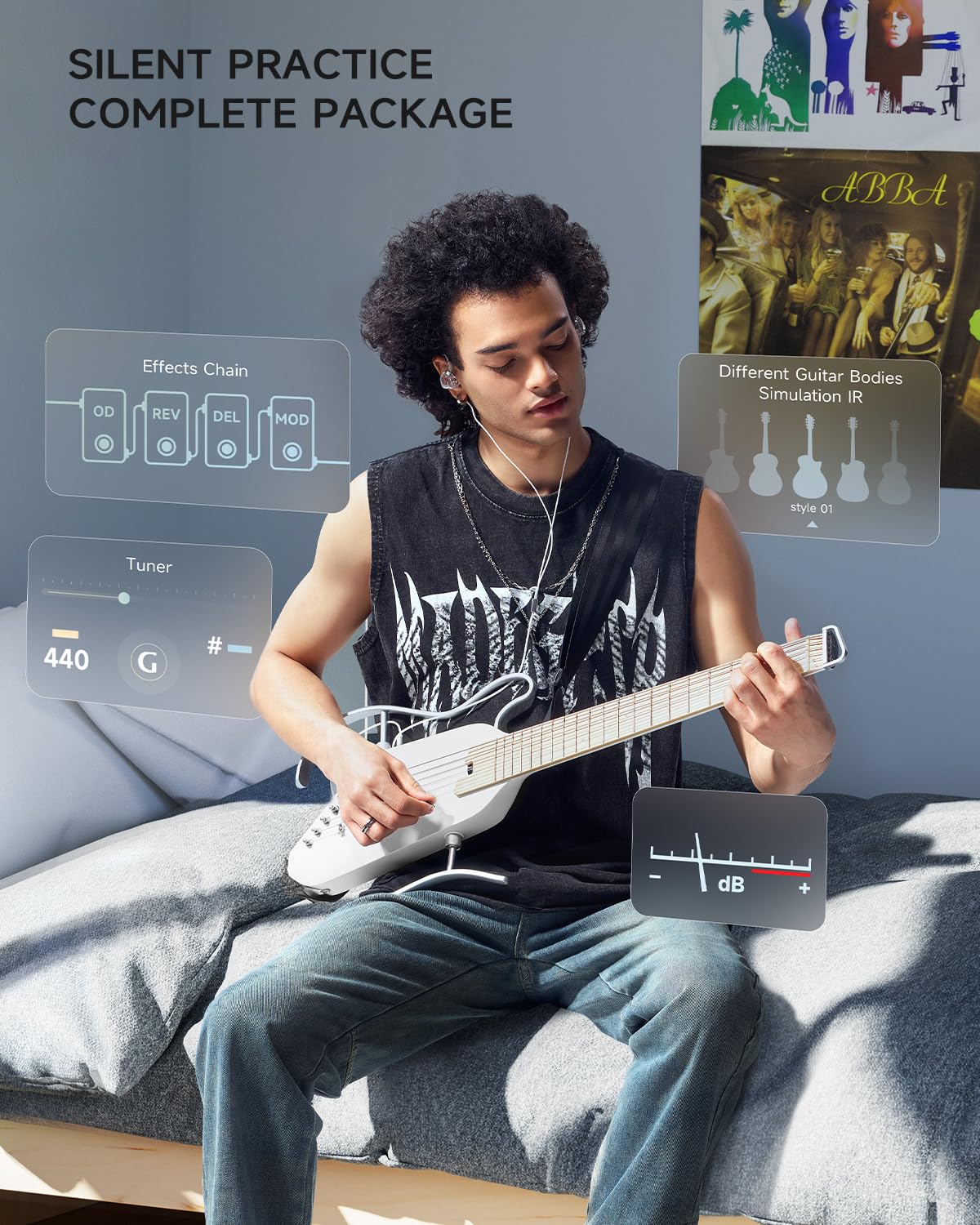 Donner HUSH I PRO Acoustic Electric Travel Guitar (Metallic White)