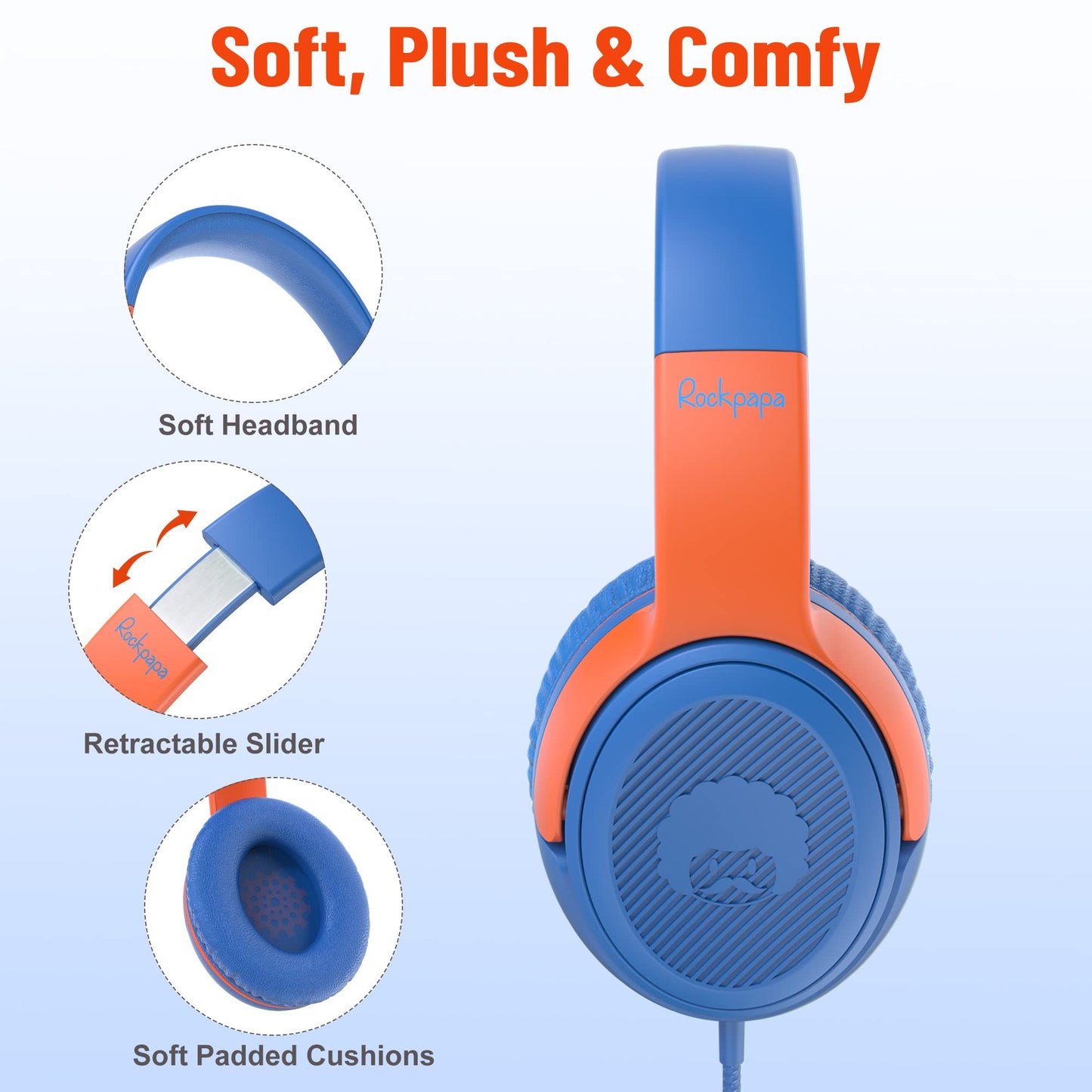 rockpapa Share 1 Kids Headphones Wired with Microphone & Share Port, 85dB/94dB Volume Limited, Cute Foldable Student Child Boys Girls Headphones for School/Classroom/Travel Blue/Orange