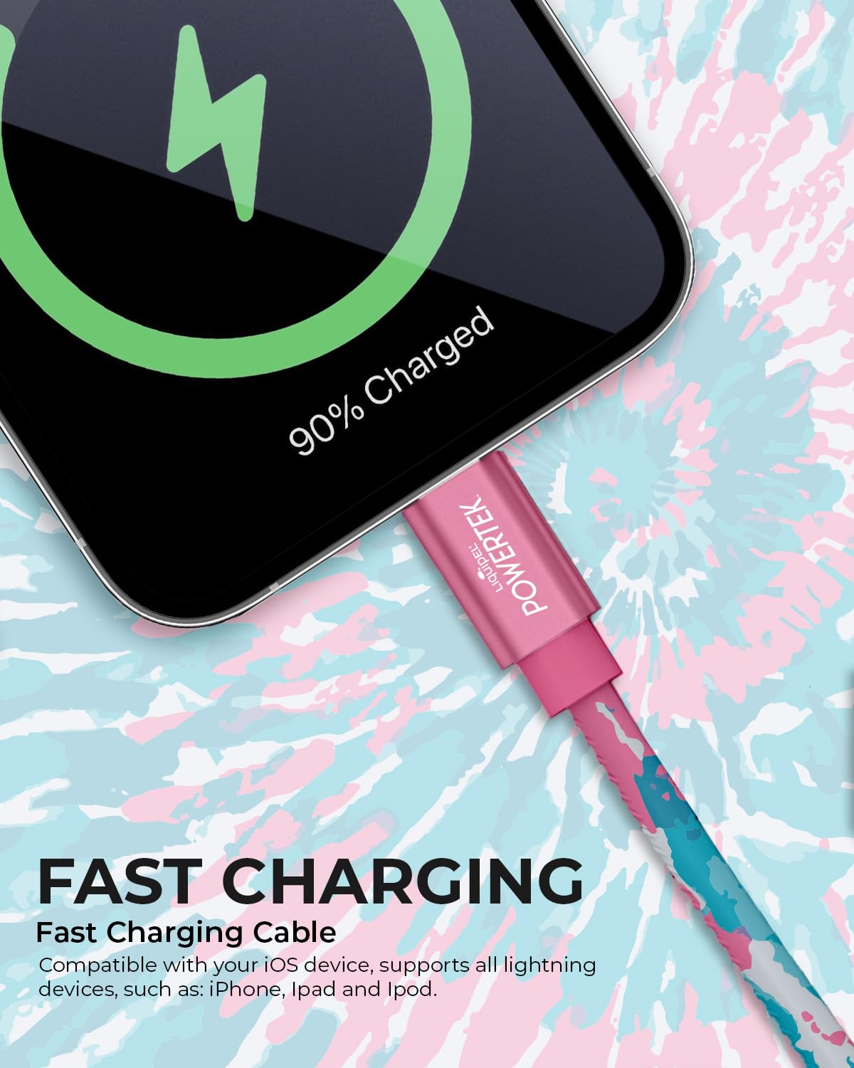 LIQUIPEL Powertek iPad & iPhone Lightning Charger Cable, Fast Charging 6ft MFI, Tie Dye Black (Teal Pink)