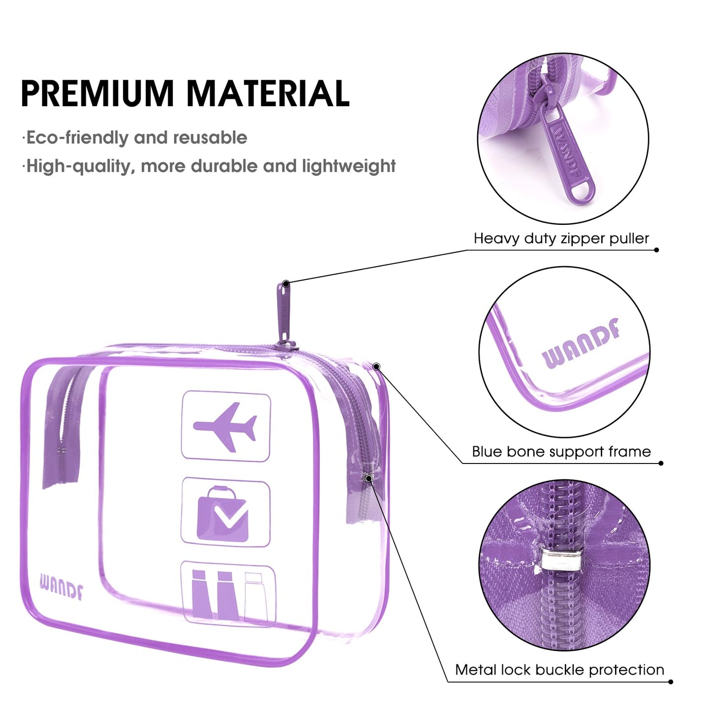 TSA Approved Clear Travel Toiletry Bag wih Zippers Carry-on Travel Accessories Quart Size Toiletries Cosmetic Pouch Makeup Bags for Men and Women (2pcs Purple)