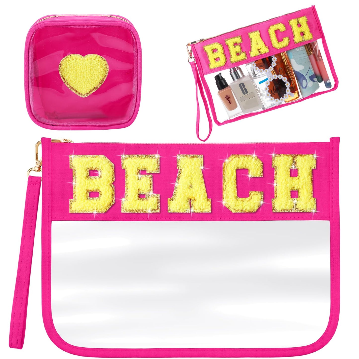 Hillban 2 Pcs Beach Makeup Bag Clear Cosmetic Toiletry Pouch Chenille Letter Patch Bags Preppy Summer Waterproof PVC Travel Purse Snack Portable Storage for Women