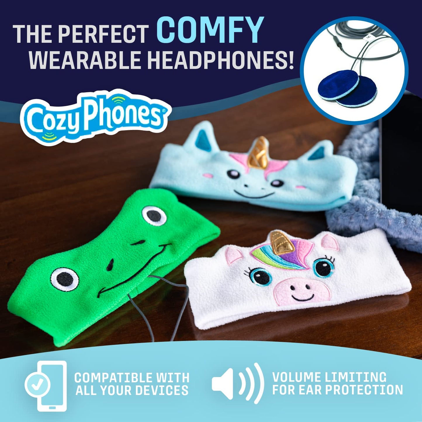 CozyPhones Over The Ear Headband Headphones - Kids Headphones Volume Limited with Thin Speakers & Super Soft Stretchy Headband - White Unicorn