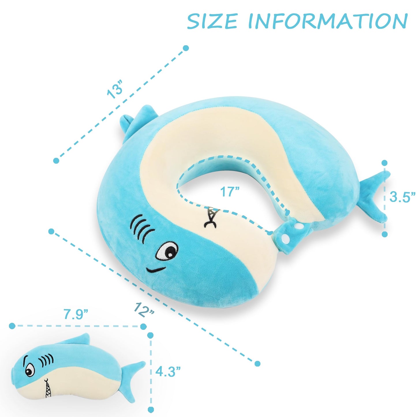 Sexysamba Cartoon Headrest & Neck Pillow for Kids Boys & Girls, Teens, Travel Accessories for Airplane, Car, Recline, Memory Foam Cute Travel Pillow with Sleep Eye Mask - Shark