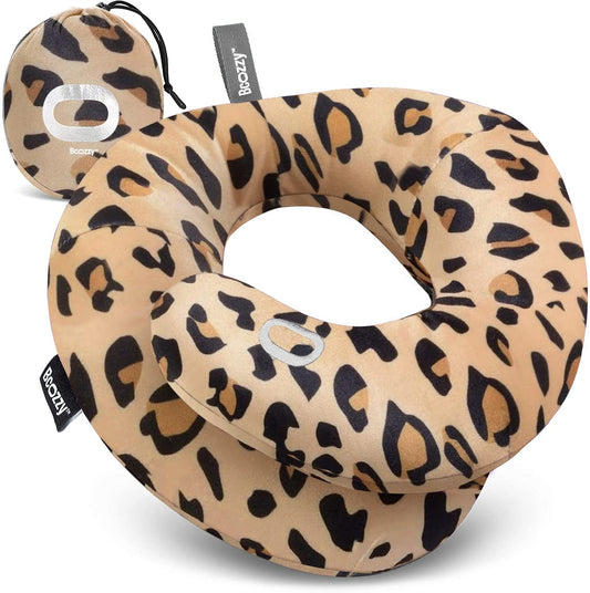 BCOZZY Travel Neck Pillow for Airplane – Patented Double Support for Head, Neck, and Chin. Best for Long Flights, Plane Sleeping, and Car Rides. Adjustable Size. Washable. Carry Bag. Large, Leopard