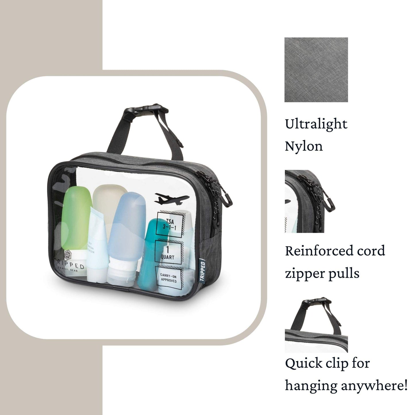 Versatile Travel Toiletry Bag Set with TSA Liquid Bag and Organizer (Grey)