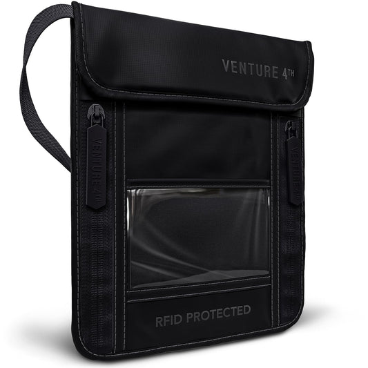 VENTURE 4TH Passport Holder Neck Wallet with RFID Blocking Nylon Lining - Hidden Neck Pouch for Travel (Sleek Black)