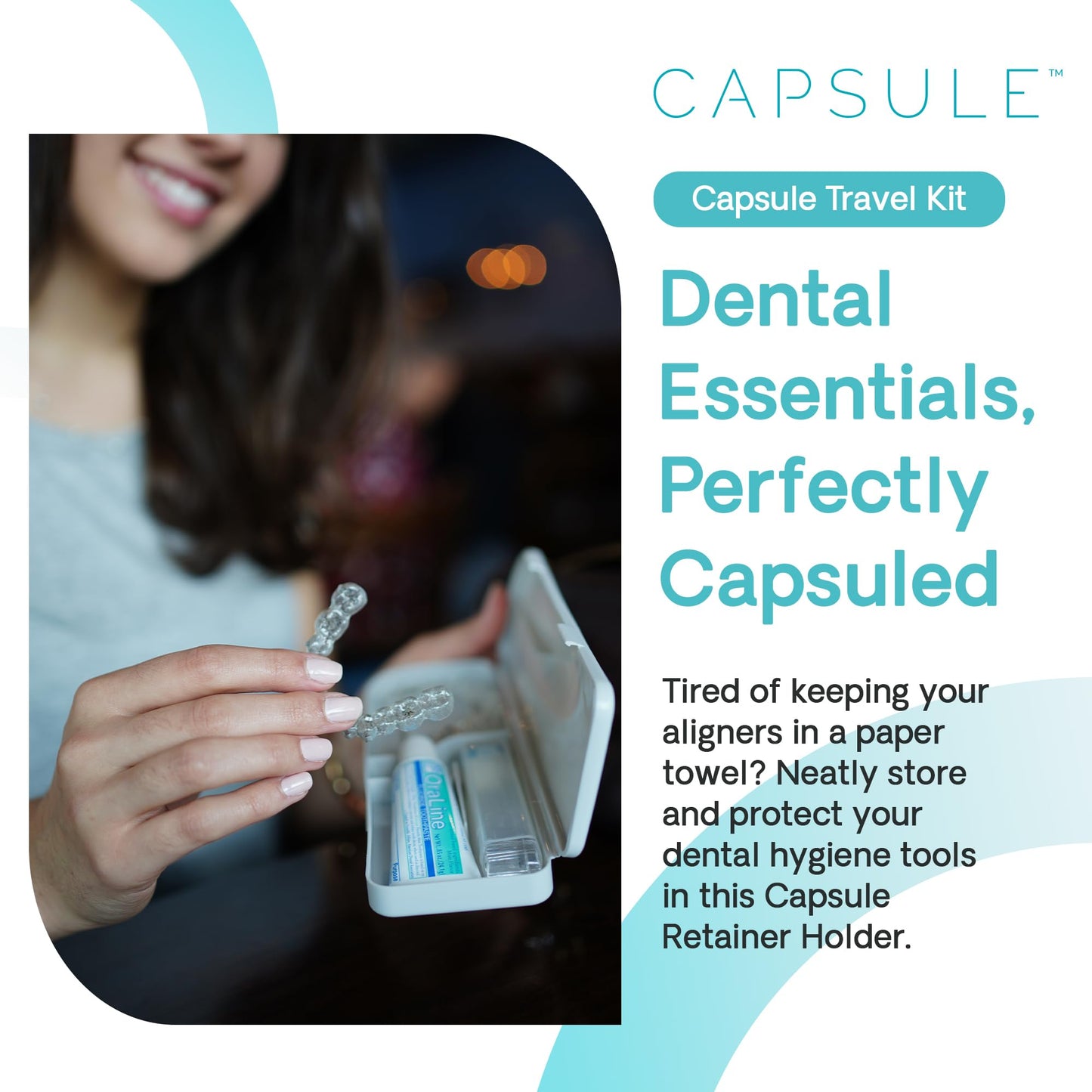 Capsule Dental - Dental Retainer Travel Case, Silicone Retainer Case for Aligners, Mouthguards, and More, Dental Kit Oral Care Tools with Travel Toothbrush and Aligner Removal Tool