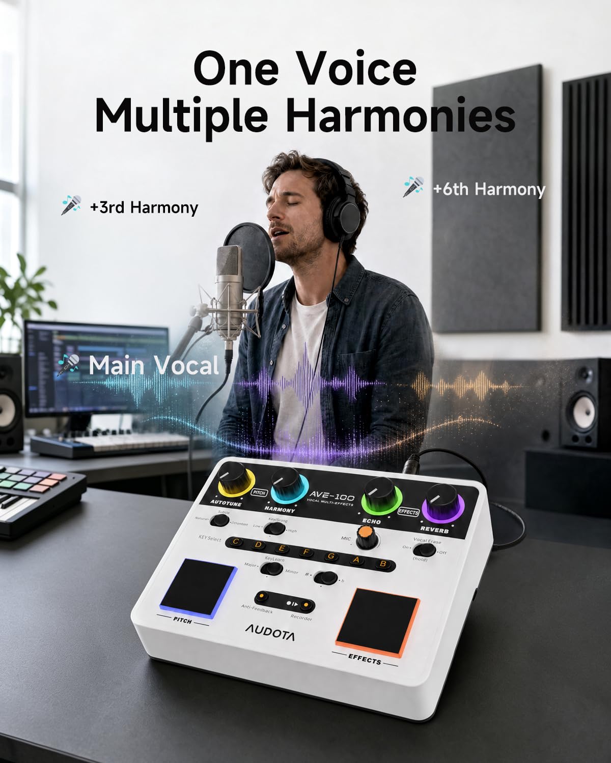 AVE-100 Vocal Effects Processor, Vocal Harmonizer with Pitch Correction, Harmony, Reverb & Delay, Key Detection, Anti-Feedback, Loop Recorder, 48V Phantom Power for Singers, Live Performance & Record