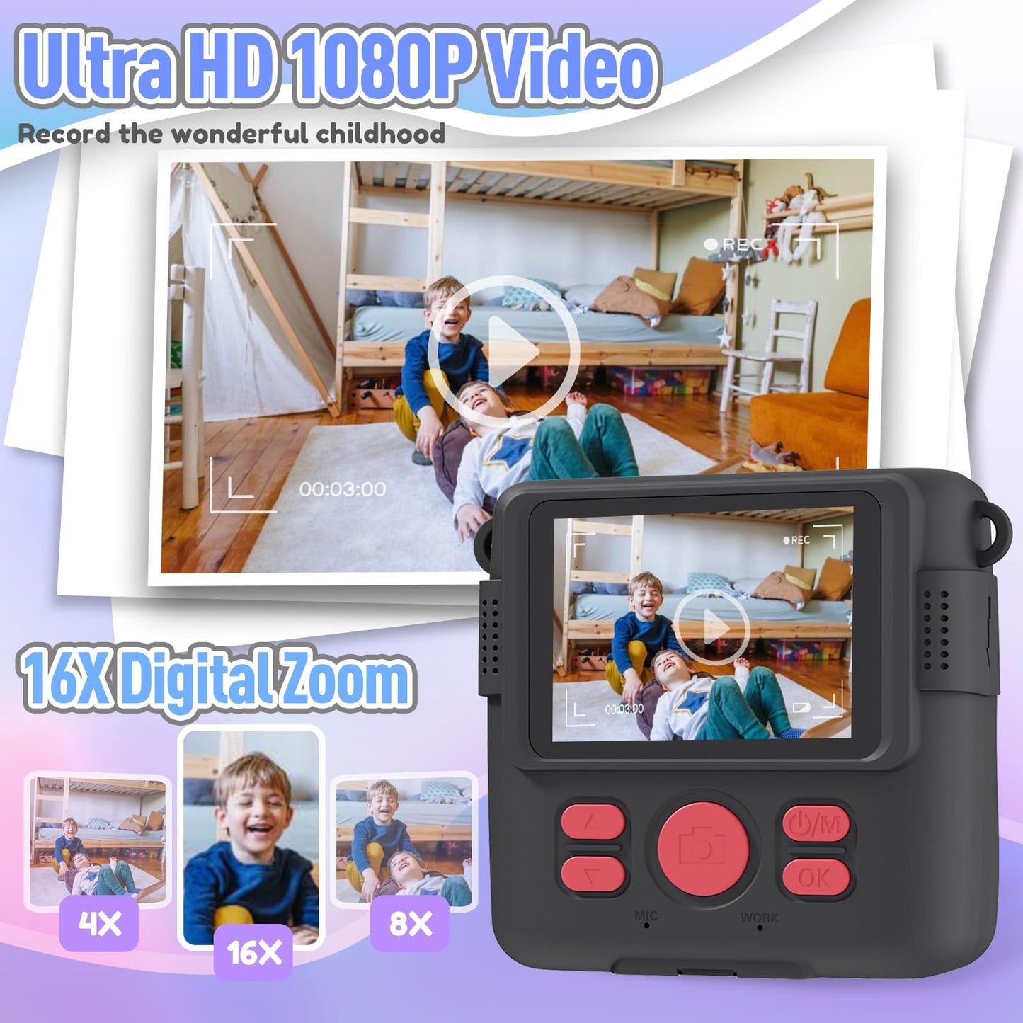 ESOXOFFORE Kids Camera Instant Print, Christmas Birthday Gifts for Kids Age 3-12, Selfie Digital Camera with 1080P Videos,Toddler Portable Travel Camera Toy for 4 5 6 7 8 9 Year Old Boys Black