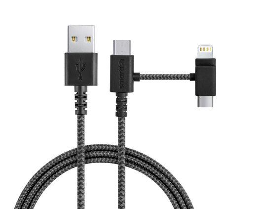 Smartish USB-C/Lightning Cable for iPhone 16/15/14 - Crown Joule - 6Foot Universal Fast Fabric Wrapped Charging Cable w/Micro-USB - Apple MFi Certified for iPhone 13/12/SE/iPad/AirPods/Android - Black