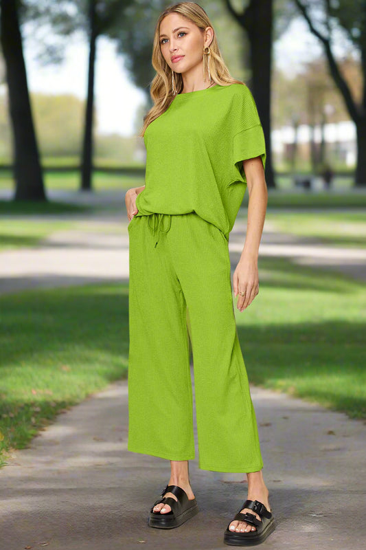 Double Take Full Size Texture Round Neck Short Sleeve T-Shirt and Wide Leg Pants