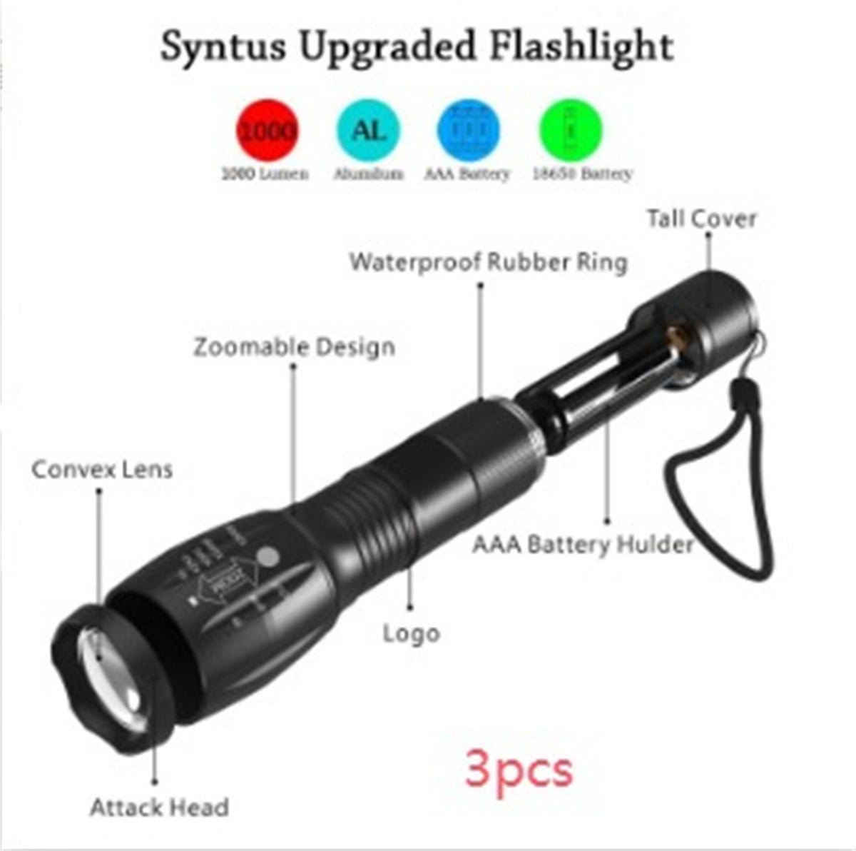 Portable Mini Flashlight LED ZOOM Torch Hunting Zoomable Flashlight Torch Light