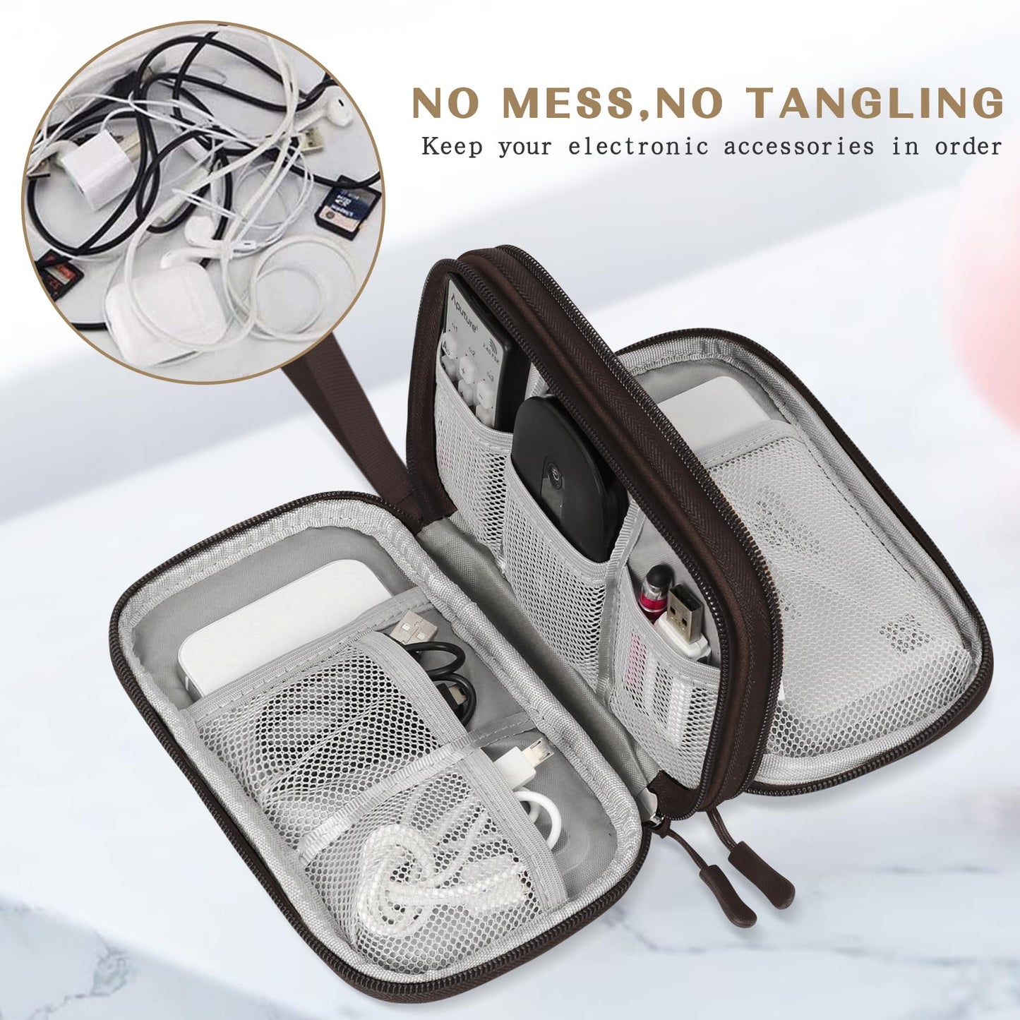 FYY Electronic Organizer, Travel Cable Organizer Bag Pouch Electronic Accessories Carry Case Portable Waterproof Double Layers Storage Bag for Cable, Charger, Phone, Earphone, Medium Size- Coffee