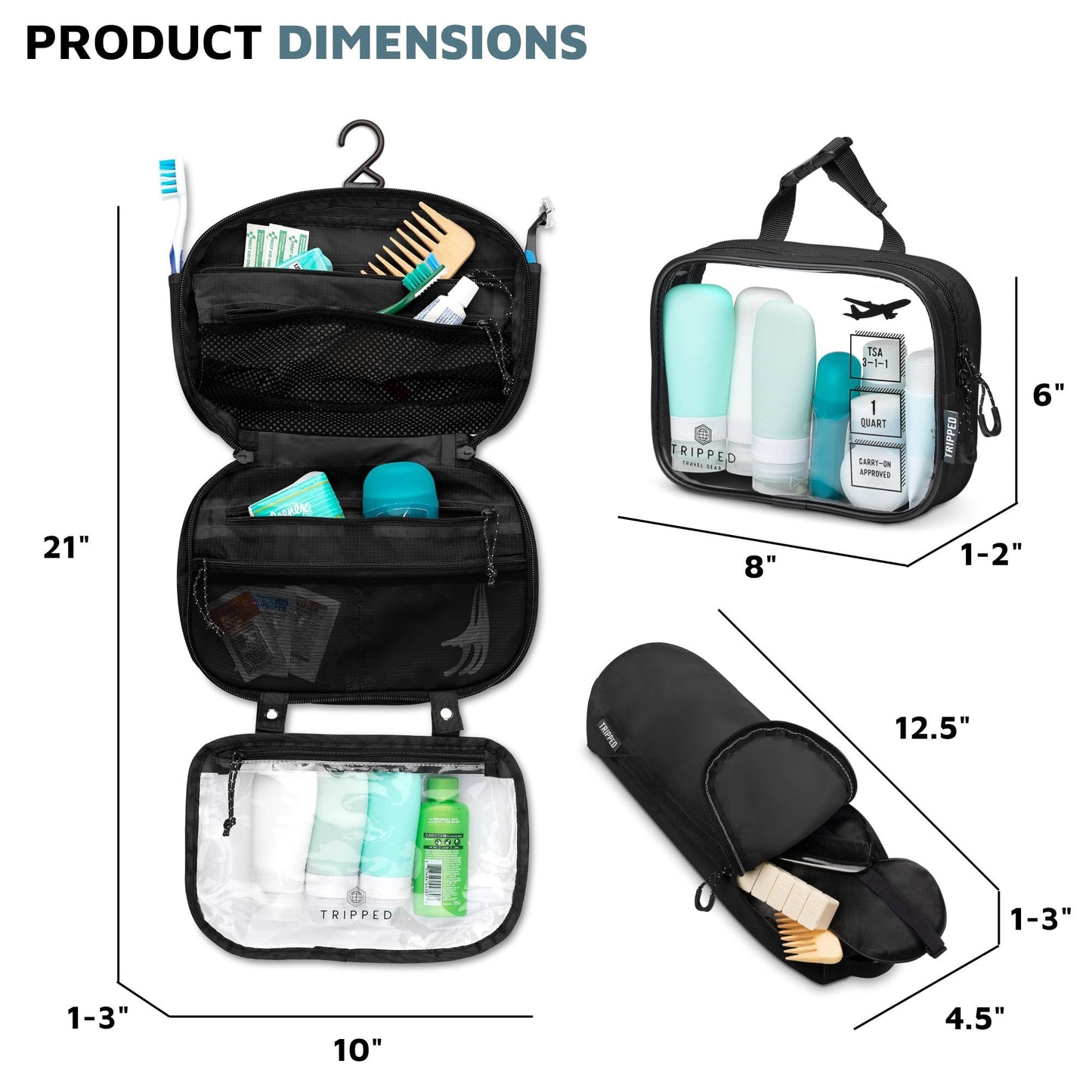 Versatile Travel Toiletry Bag Set with TSA Liquid Bag and Organizer (Black)