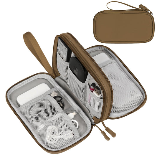 FYY Electronic Organizer, Travel Cable Organizer Bag Pouch Electronic Accessories Carry Case Portable Waterproof Double Layers Storage Bag for Cable, Charger, Phone, Earphone, Medium Size- Brown