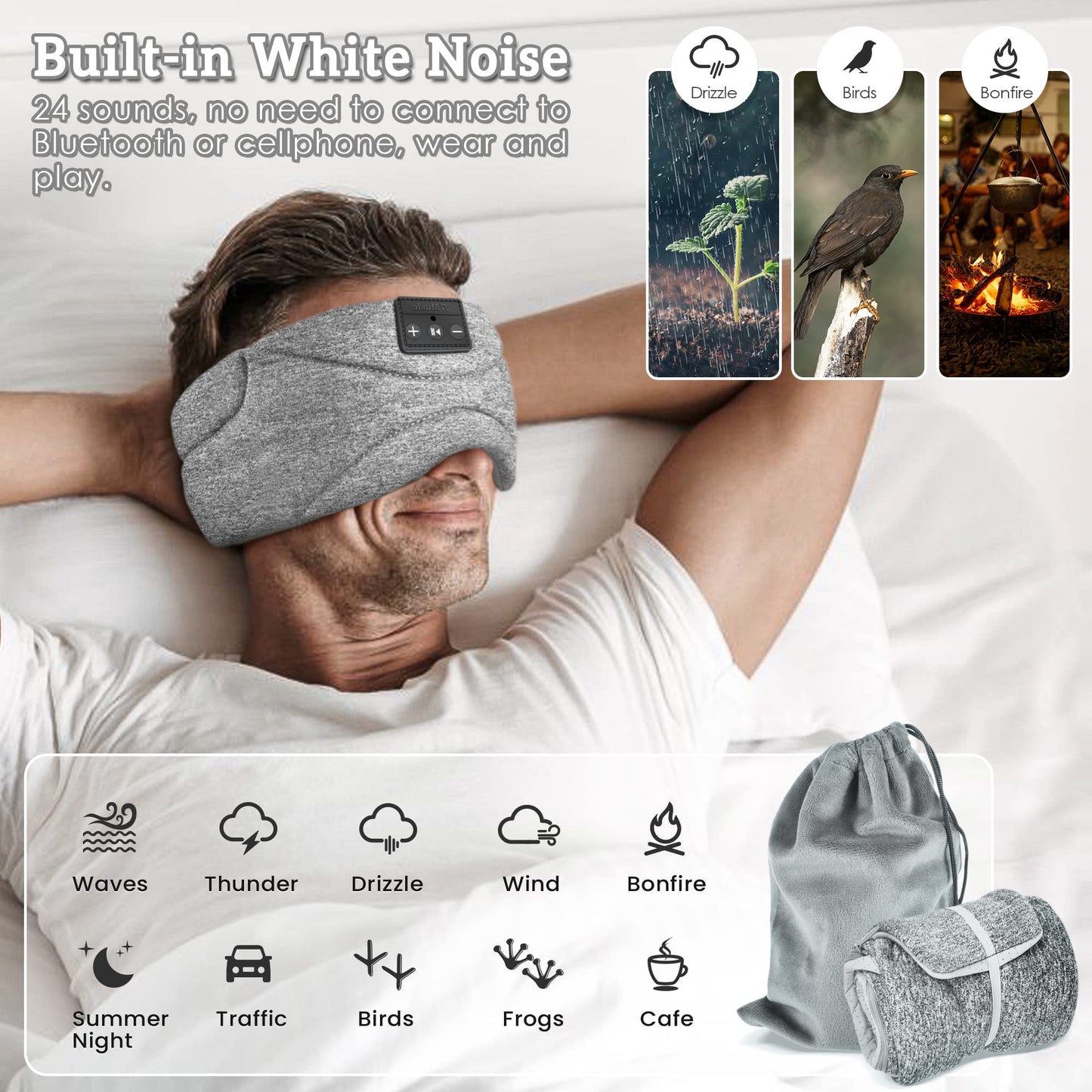Flashmen Bluetooth Sleep Mask Headphone with White Noise Blackout Light Ice-Feeling Extra Soft Modal Lining Sleep Eye Mask Ultra-Thin Sleeping Headphones