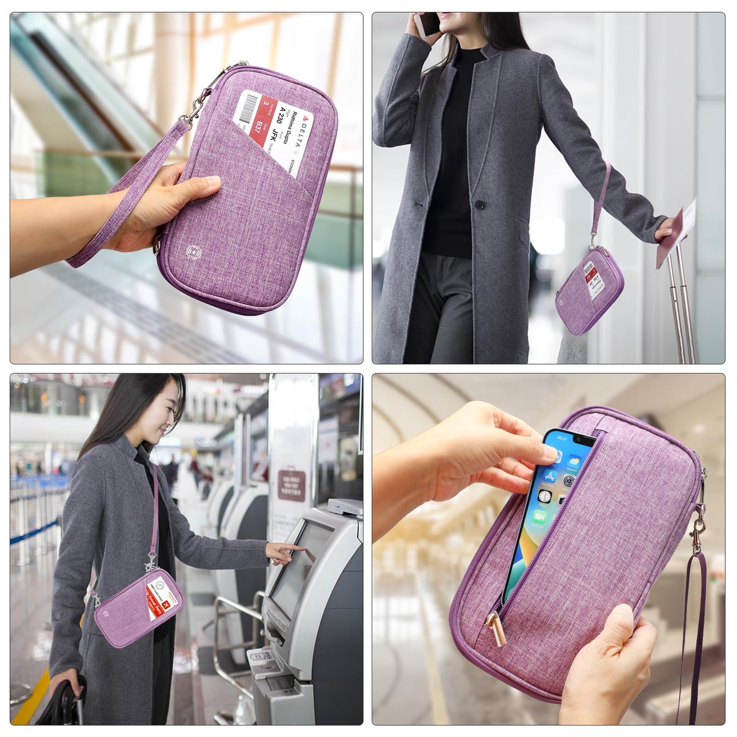 Passport Wallet- Passport Holder RFID travel wallet, for Family and Women & Men, Travel Document Organizer with Removable Wristlet Crossbody Strap (Purple)