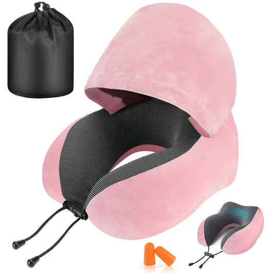 Cirorld Travel Pillow, Neck Pillow for Travel with Hood for Airplane, Velvet Memory Foam Neck Pillow Women Lady Head & Neck Support, for Long Flights Plane, Office, Cars Sleeping & Rest (Pink)