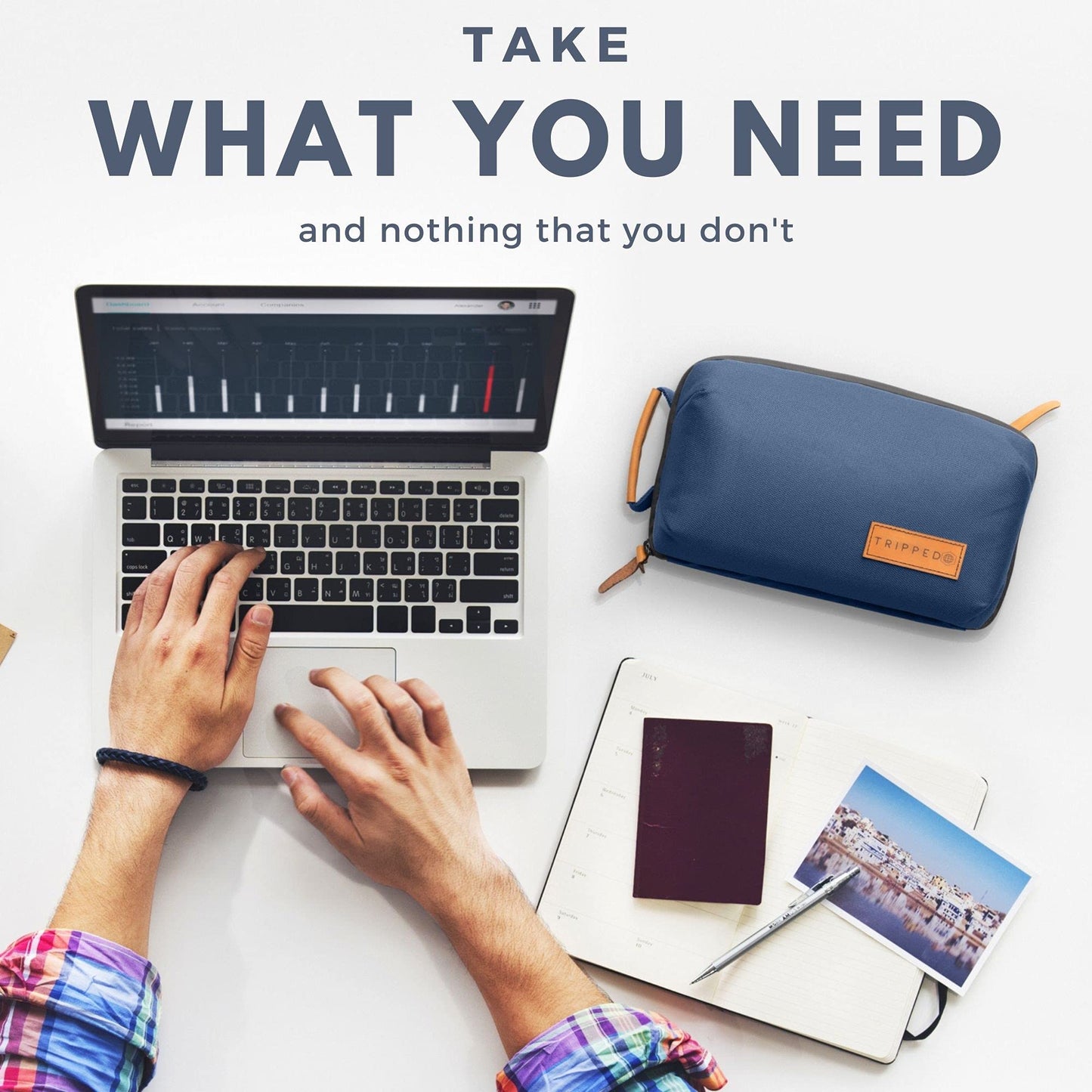 TRIPPED Travel Gear Tech Bag Organizer - Small Electronics Organizer Pouch for Travel - Premium Travel Case with Leather Accents - Mesh Pocket for Cables, Cords and Chargers (Navy)