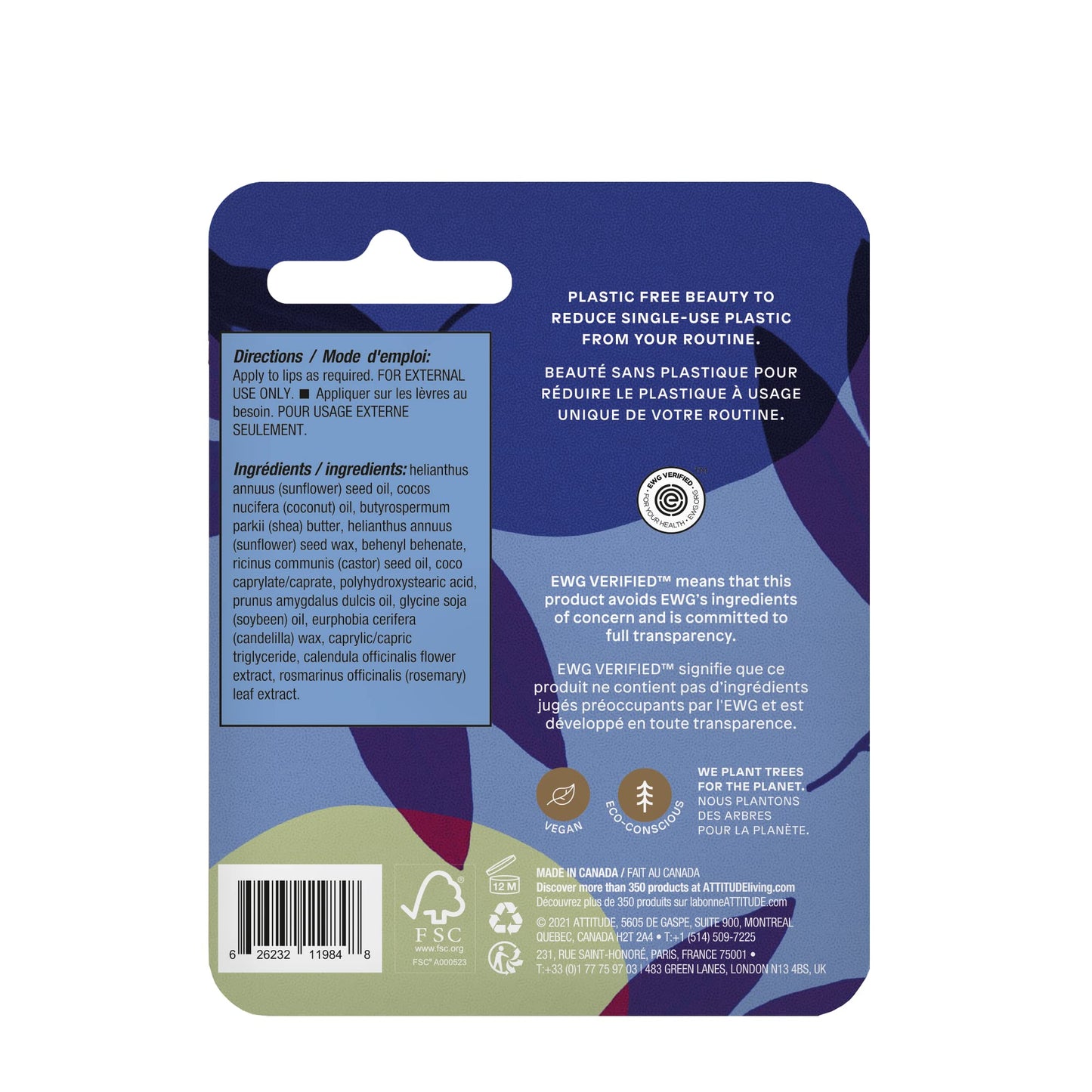 ATTITUDE Plastic-free Lip Balm, EWG Verified Plant- and Mineral-Based Ingredients, Vegan and Cruelty-free Personal Care Products, Unscented, 0.3 Oz