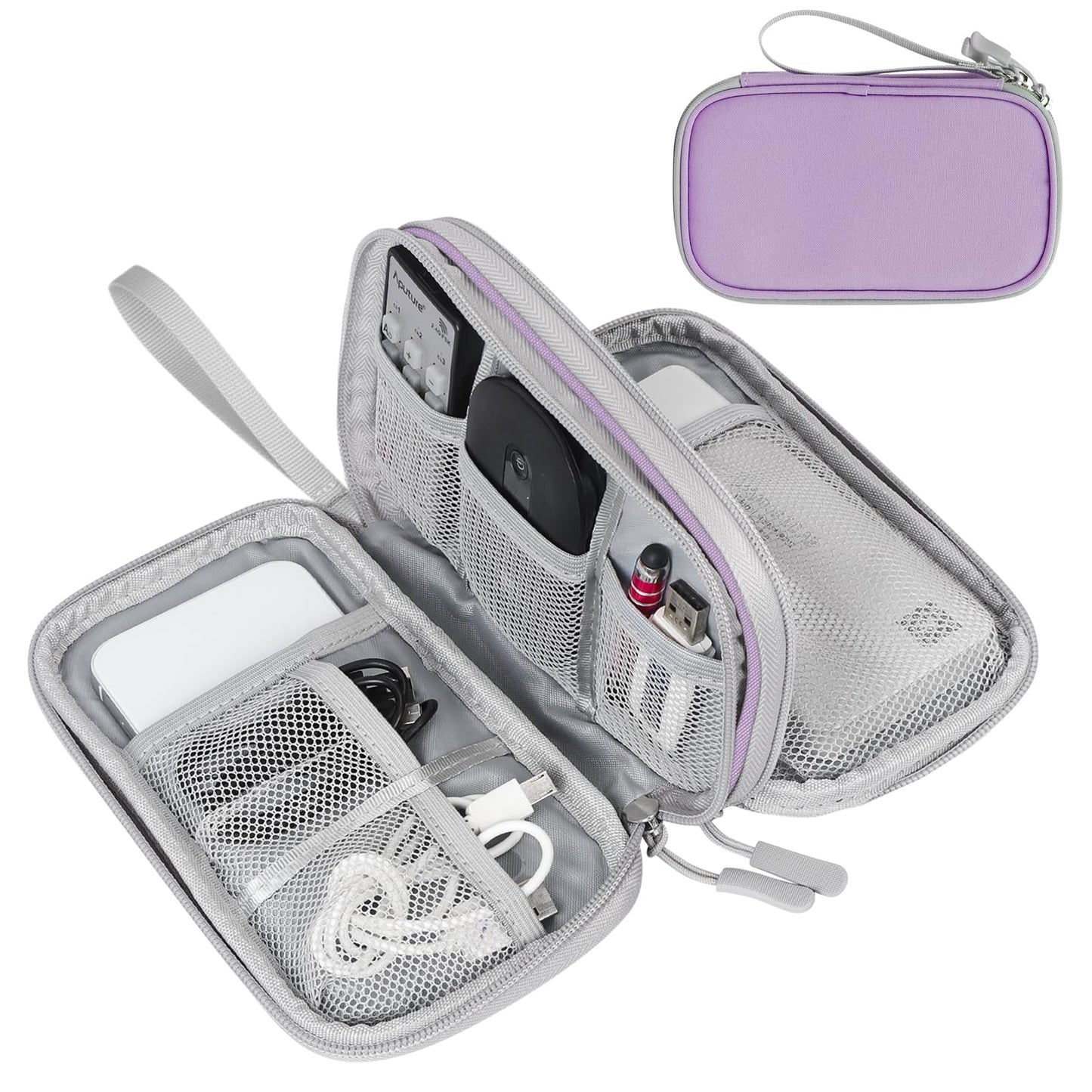 FYY Electronic Organizer, Travel Cable Organizer Bag Pouch Electronic Accessories Carry Case Portable Waterproof Double Layers Storage Bag for Cable, Charger, Phone, Medium Size- Light Purple