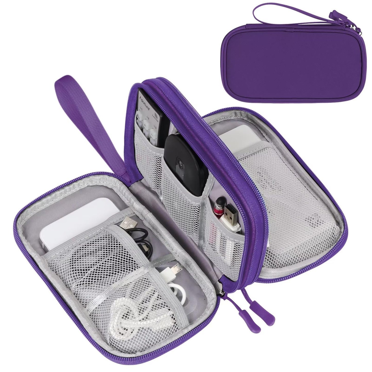 FYY Electronic Organizer, Travel Cable Organizer Bag Pouch Electronic Accessories Carry Case Portable Waterproof Double Layers Storage Bag for Cable, Charger, Phone, Earphone, Medium Size- Purple