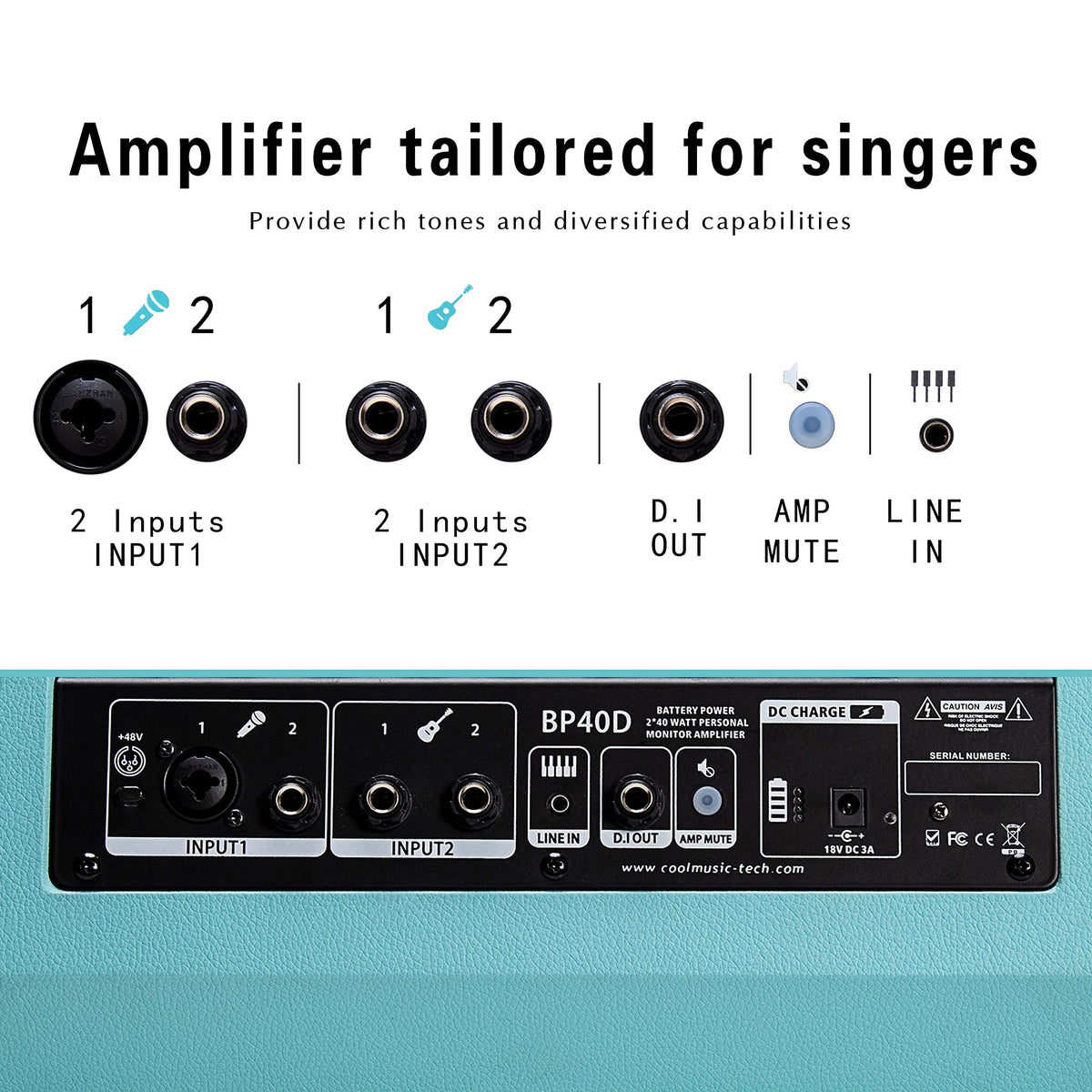 Coolmusic BP40D Powered Acoustic Guitar Amplifier- Portable Bluetooth Speaker 80W W/Battery with Reverb Chorus Delay Effect, 6 Inputs,3 Band EQ, Blue