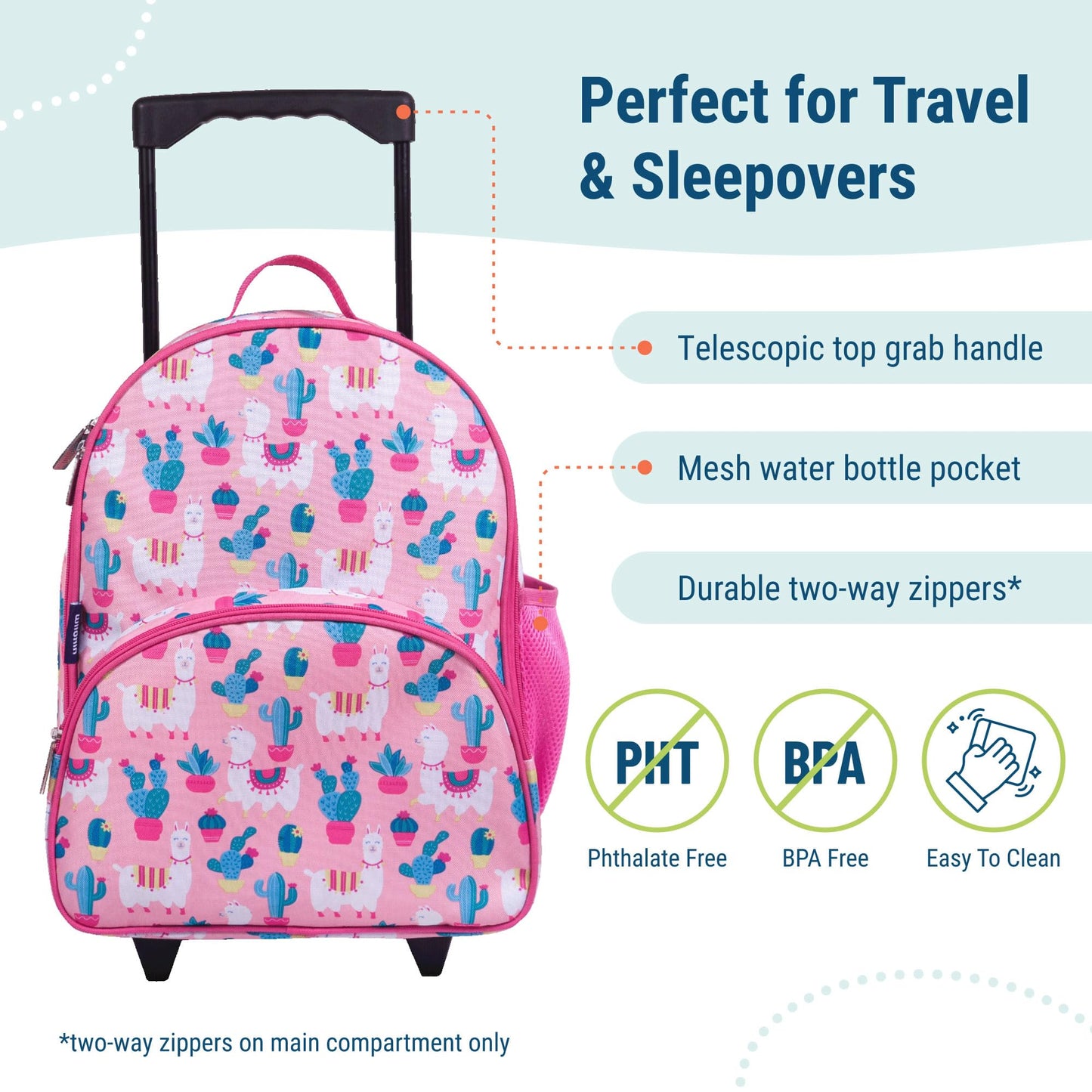 Wildkin Kids Roller Bag for Boys and Girls, Carry on Luggage Size is Perfect for School and Overnight Travel, Measures 16 x 12 x 6 Inches, BPA-free, Olive Kids (Llamas and Cactus)