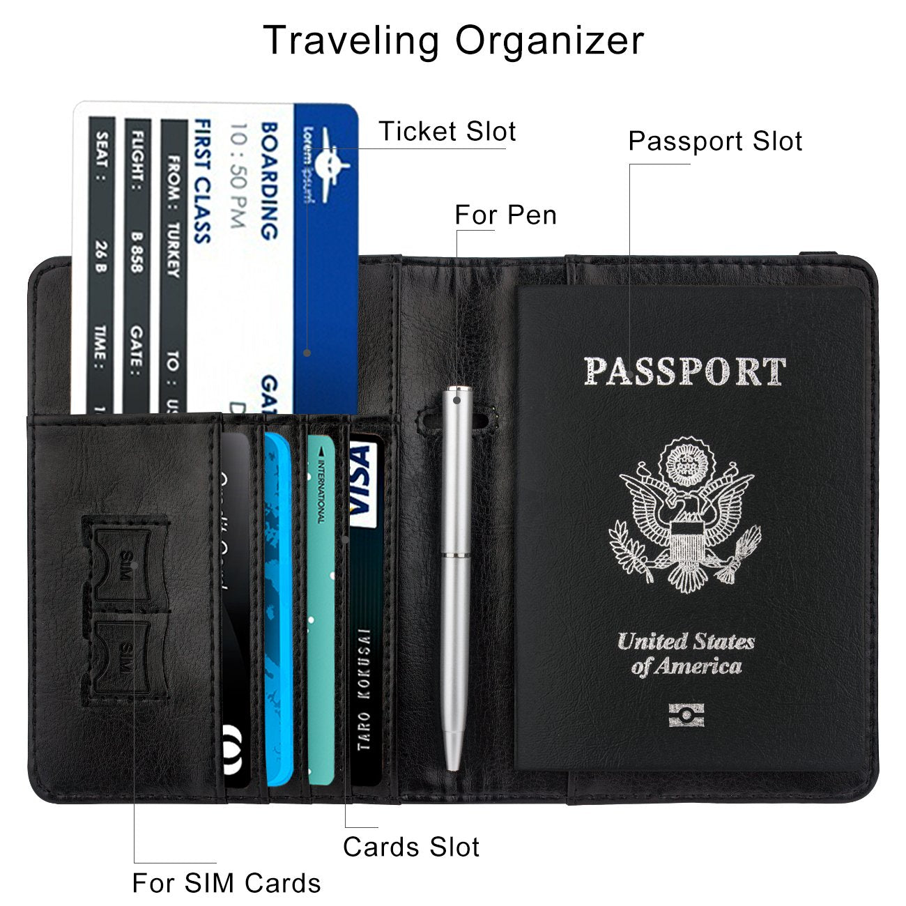 Travel Passport Wallet with RFID Shielding and Pen Slot (Black)