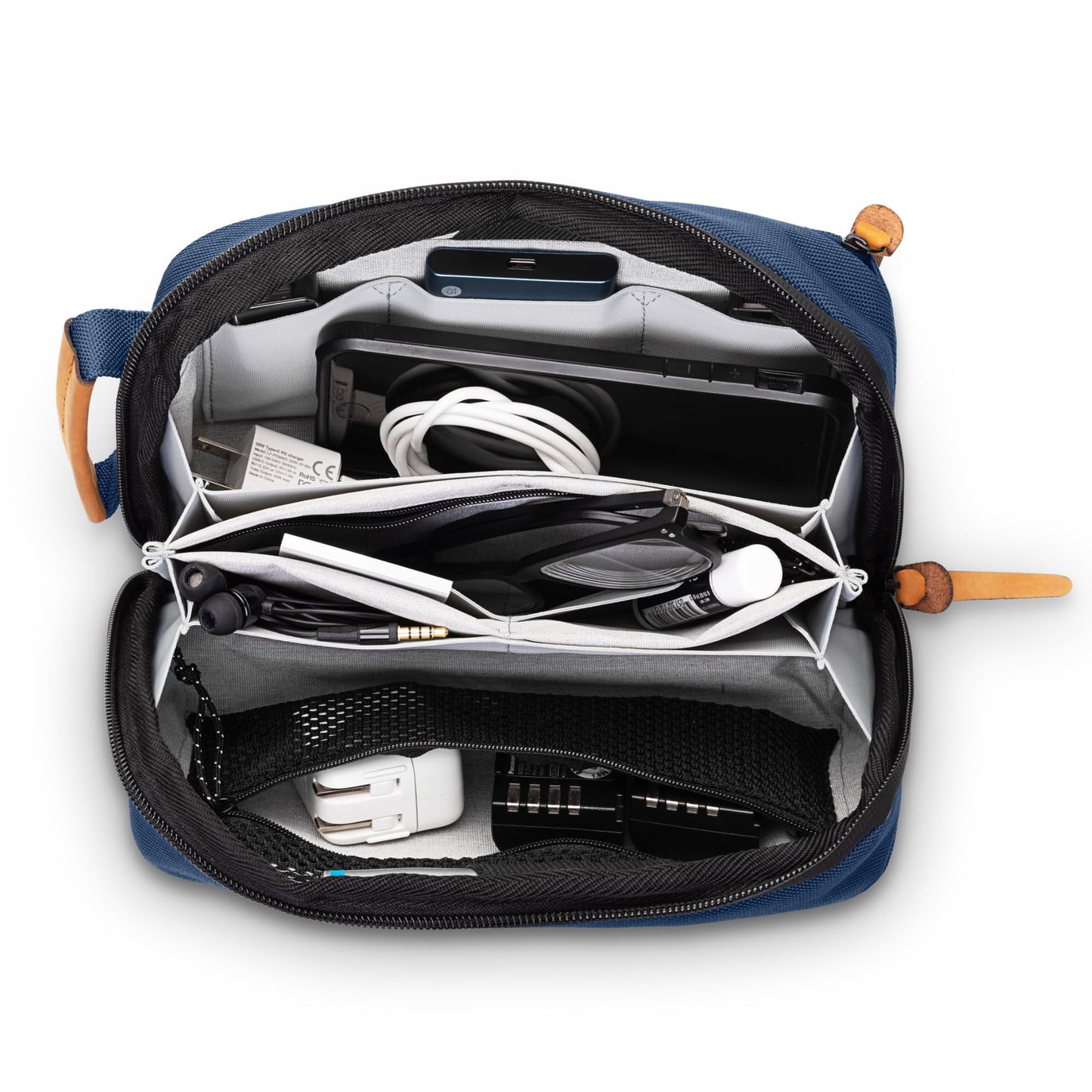 TRIPPED Travel Gear Tech Bag Organizer - Small Electronics Organizer Pouch for Travel - Premium Travel Case with Leather Accents - Mesh Pocket for Cables, Cords and Chargers (Navy)