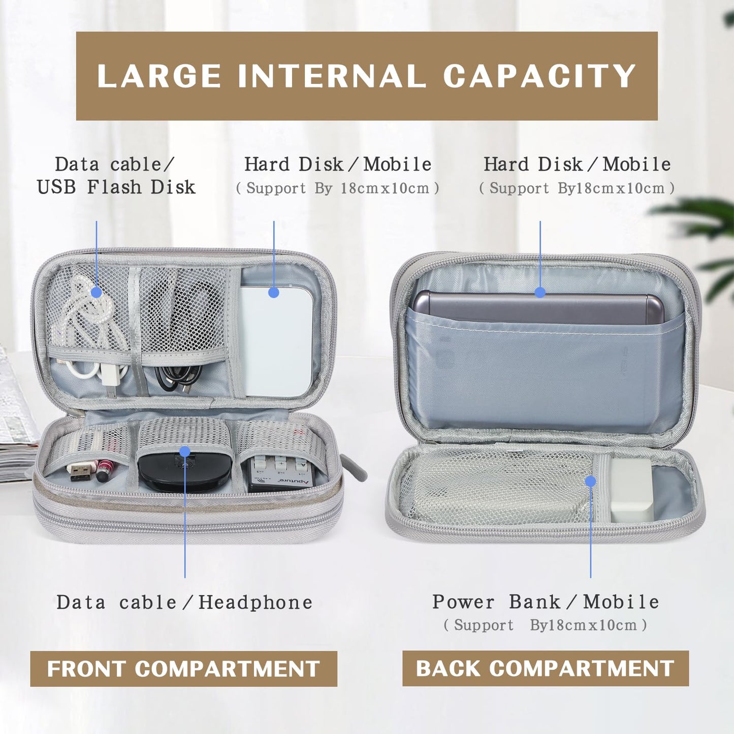 FYY Electronic Organizer, Travel Cable Organizer Bag Pouch Electronic Accessories Carry Case Portable Waterproof Double Layers Storage Bag for Cable, Charger, Phone, Earphone, Medium Size- Khaki