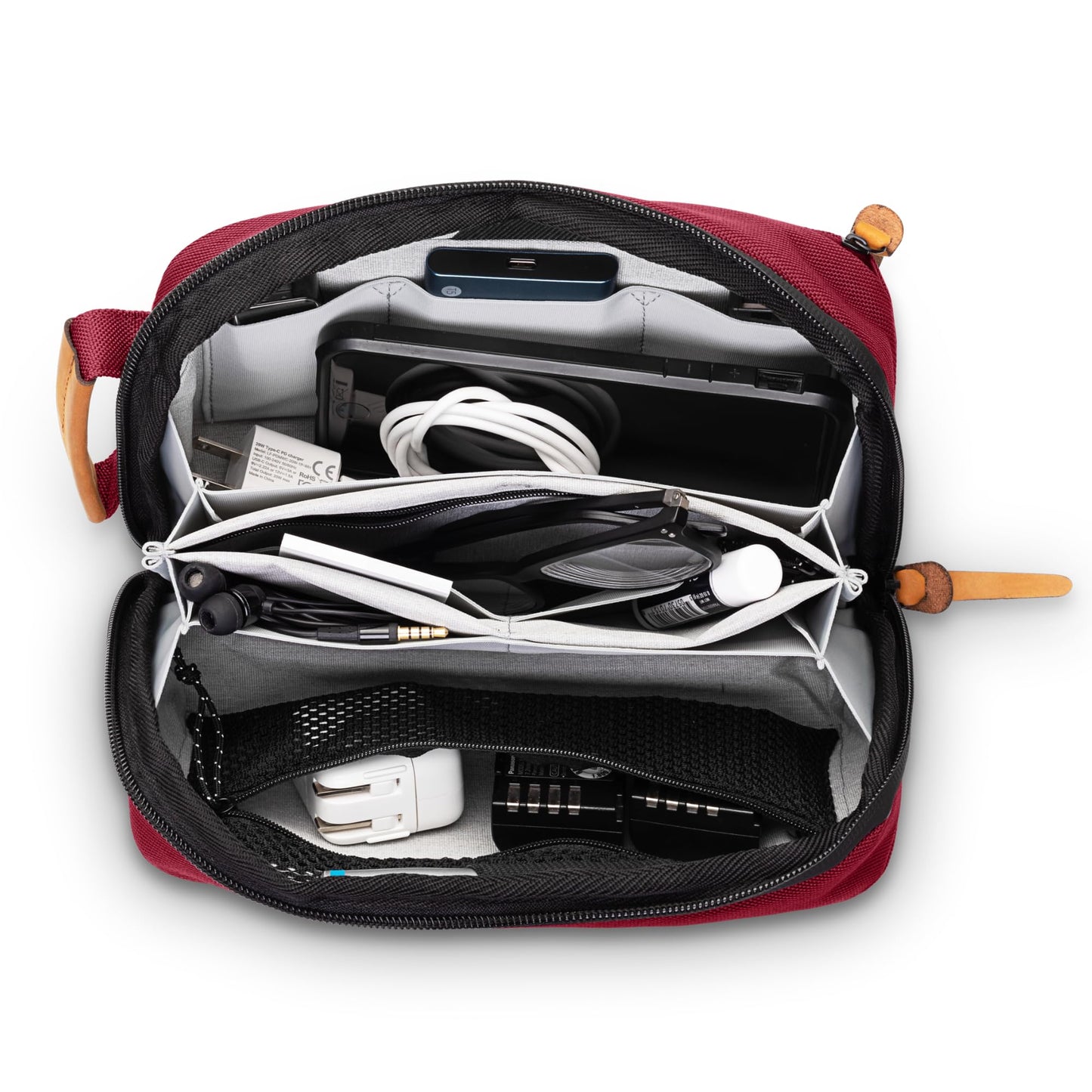 Tech Bag Organizer - Small Electronics Organizer Pouch for Travel - Premium Travel Case with Leather Accents - Mesh Pocket for Cables, Cords and Chargers (Red)