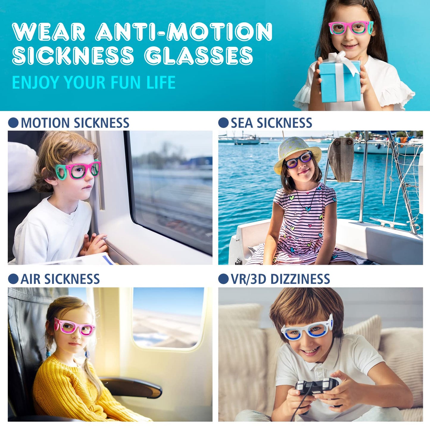 Hion Kids Anti- Motion Sickness Smart Glasses, Ultra-Light Portable Nausea Relief Liquid Glasses, Carsickness Airsickness Seasickness Glasses, Kids Travel/Cruise Essentials