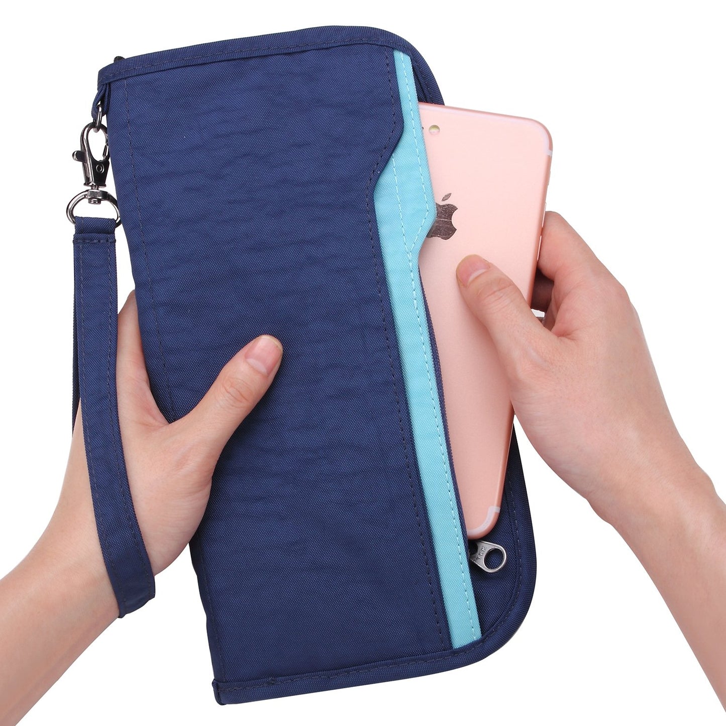 ZOPPEN Passport Holder Family Women/Men, Travel Wallet RFID Passport Wallet Travel Essentials Documents Organizer Zipper Case with Removable Wristlet Strap, Royal Blue