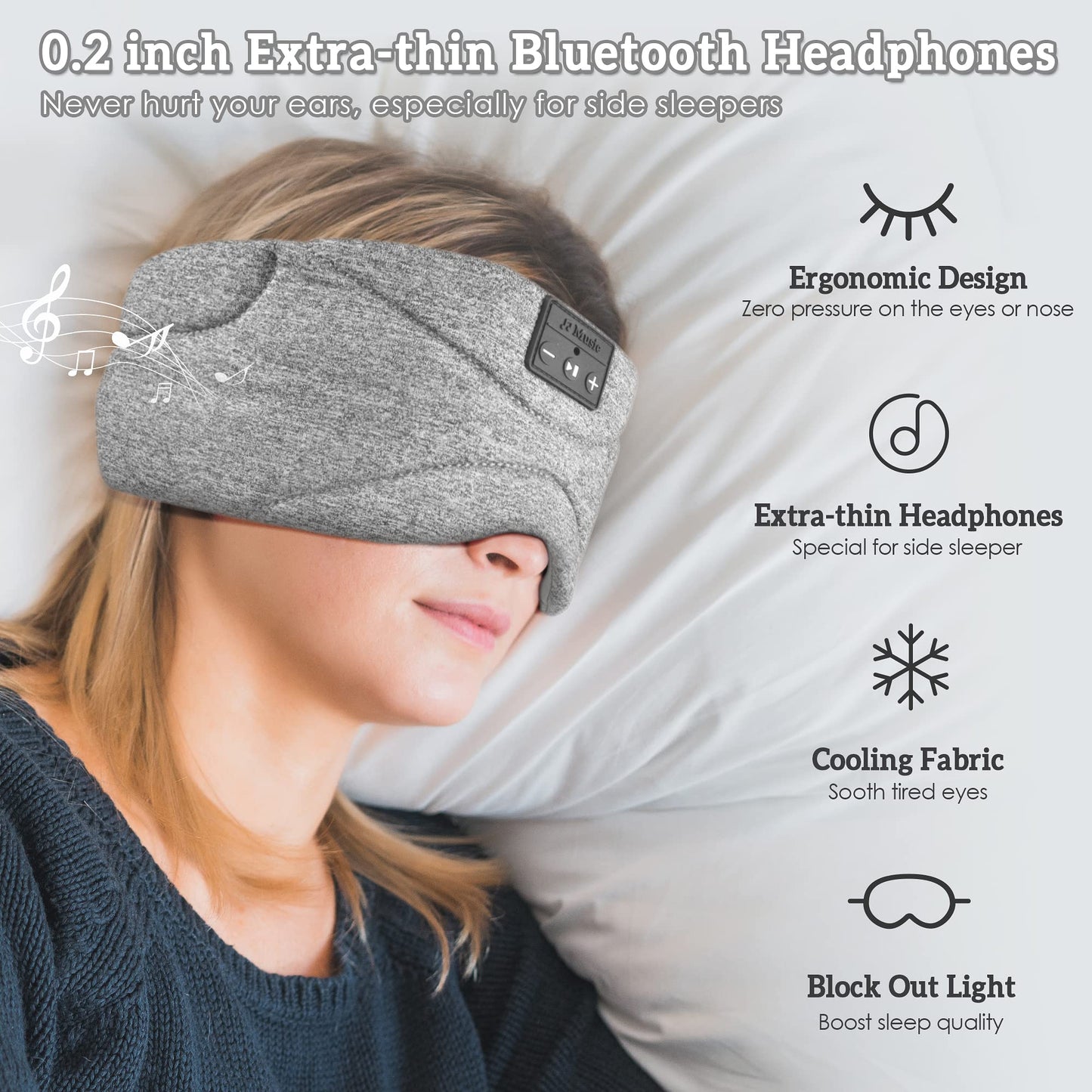 Flashmen Bluetooth Sleep Mask Headphone with White Noise Blackout Light Ice-Feeling Extra Soft Modal Lining Sleep Eye Mask Ultra-Thin Sleeping Headphones