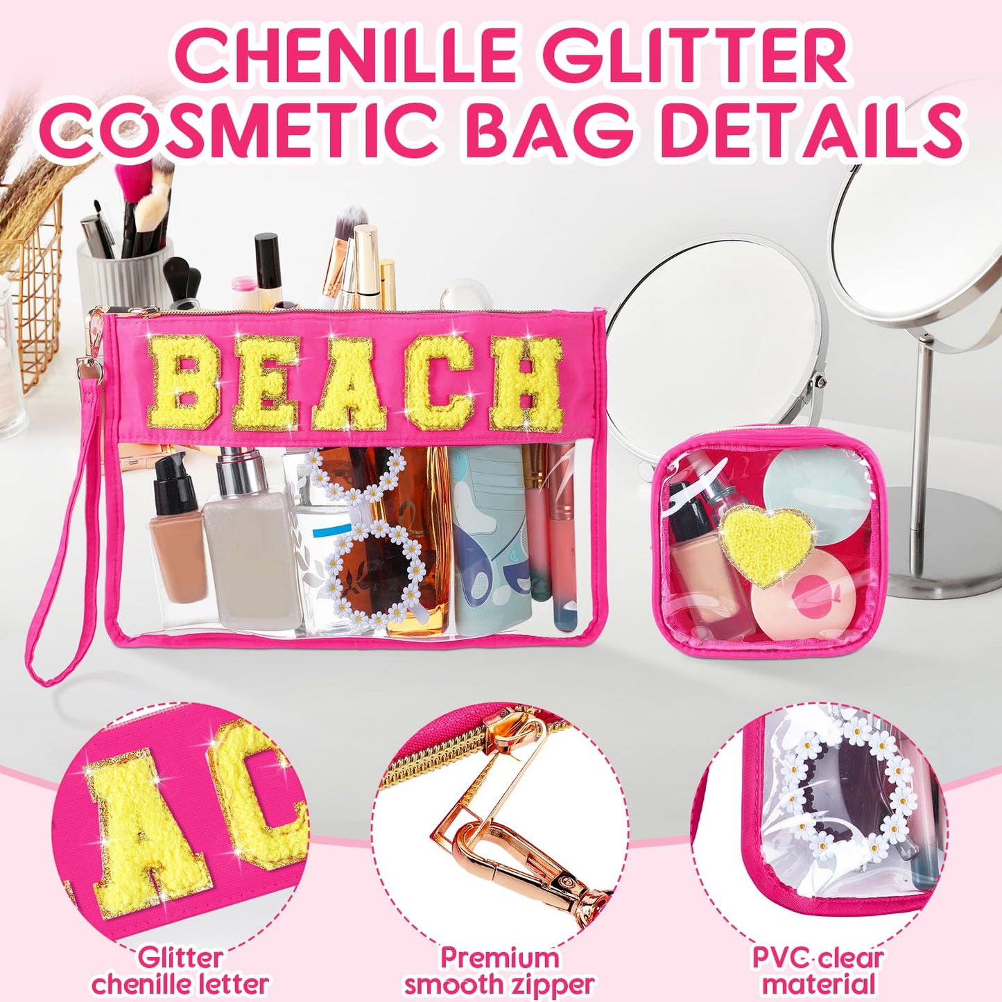 Hillban 2 Pcs Beach Makeup Bag Clear Cosmetic Toiletry Pouch Chenille Letter Patch Bags Preppy Summer Waterproof PVC Travel Purse Snack Portable Storage for Women