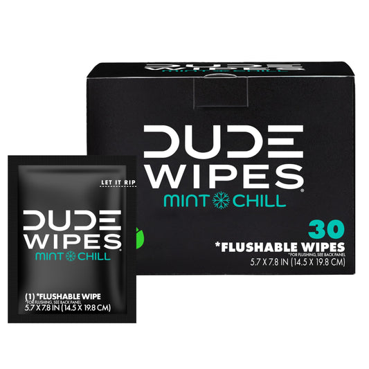 DUDE Wipes - On-The-Go Flushable Wipes - 1 Pack, 30 Wipes - Mint Chill Extra-Large Individually Wrapped Adult Wet Wipes - Eucalyptus & Tea Tree Oil - Septic and Sewer Safe