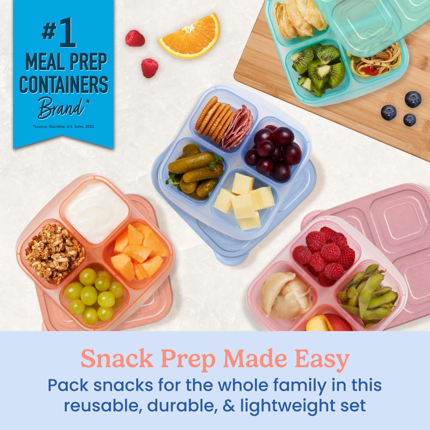 Bentgo Easyboxes 4-Compartment Snack Containers - 8-Piece Set with 4 Trays & 4 Custom-Fit Lids to Seal in Freshness - Reusable Food Storage & Meal Prep Bento BPA-Free Containers (Pastels)