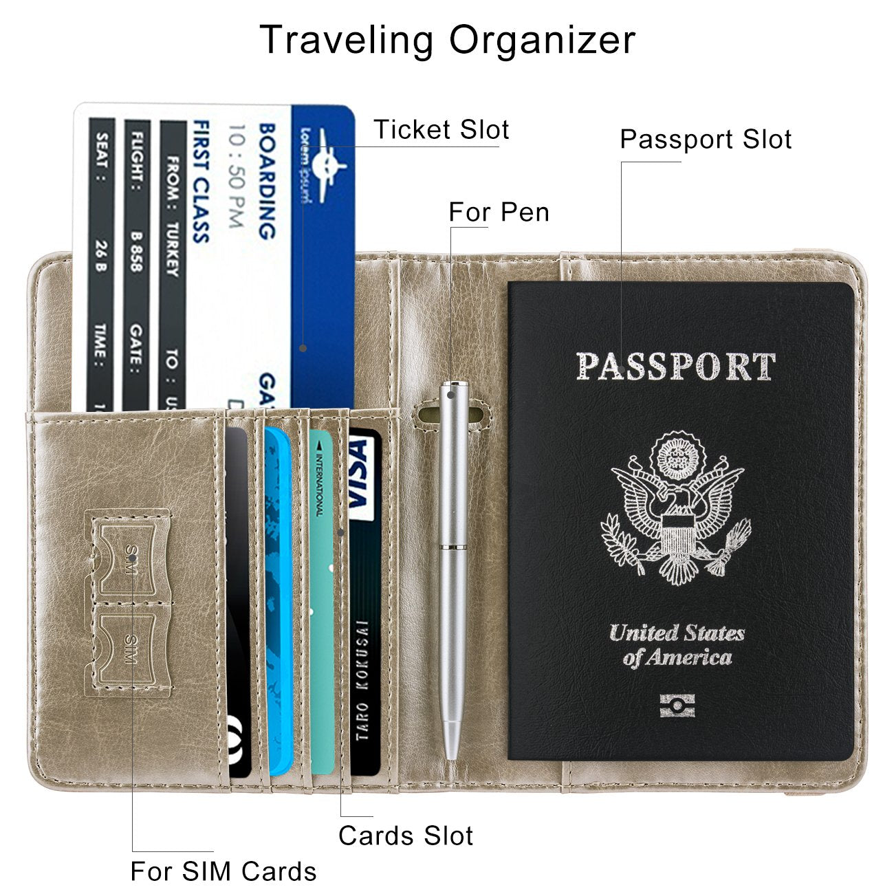 Travel Passport Wallet with RFID Shielding and Pen Slot (Gold)